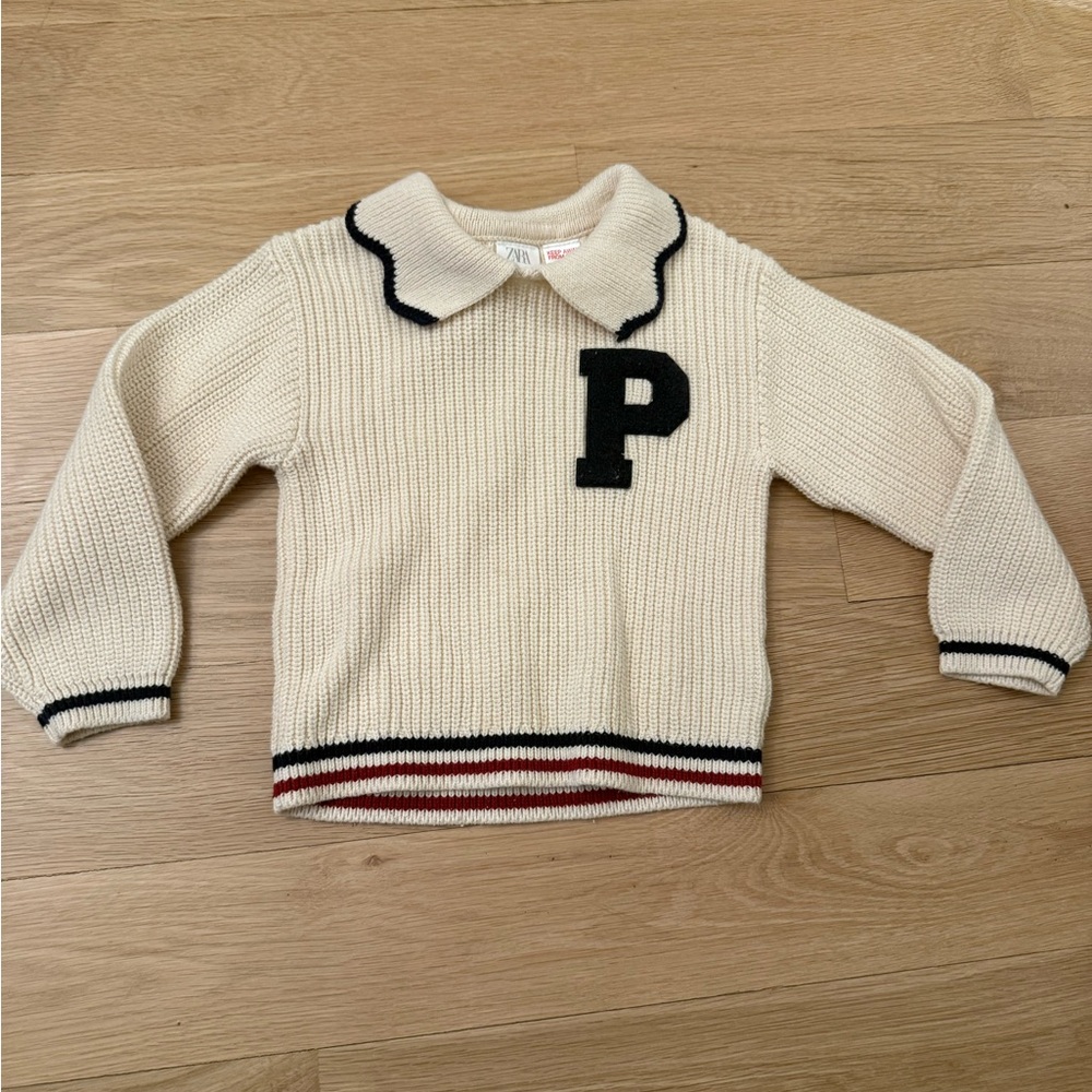 Zara kids Cream Knit Sweater with Black Letter P